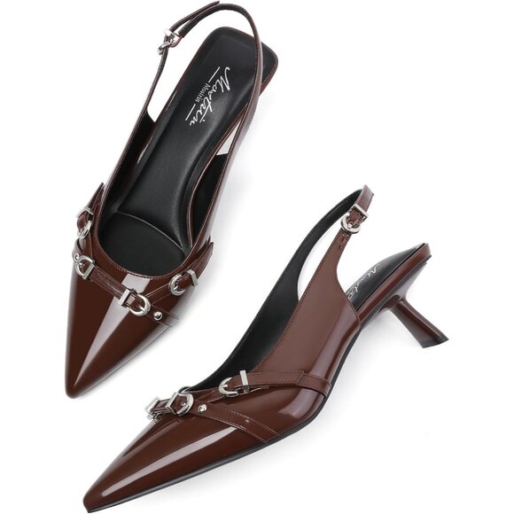 Women's Dark Brown Pointed Toe Pumps Patent Leather Slingback Heels With Buckle - Picture 8 of 9